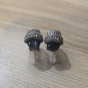 Vintage Statement Silver Tone and Grey Cat Eye Gem Stud Hoop Earrings💫